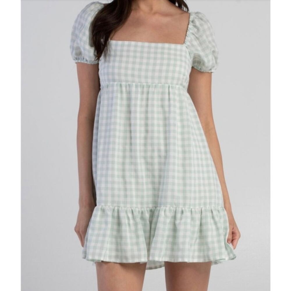Full Tilt Tillys Puff Sleeve Gingham Babydoll Dress Medium Green Cottagecore